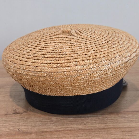 Eric Javits vintage straw + patent leather captains hat Squishee Black Rose Bow - Picture 3 of 8